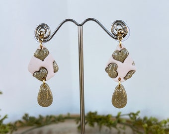 Light pink and gold heart dangle earrings, polymer clay earrings, nickel free earrings