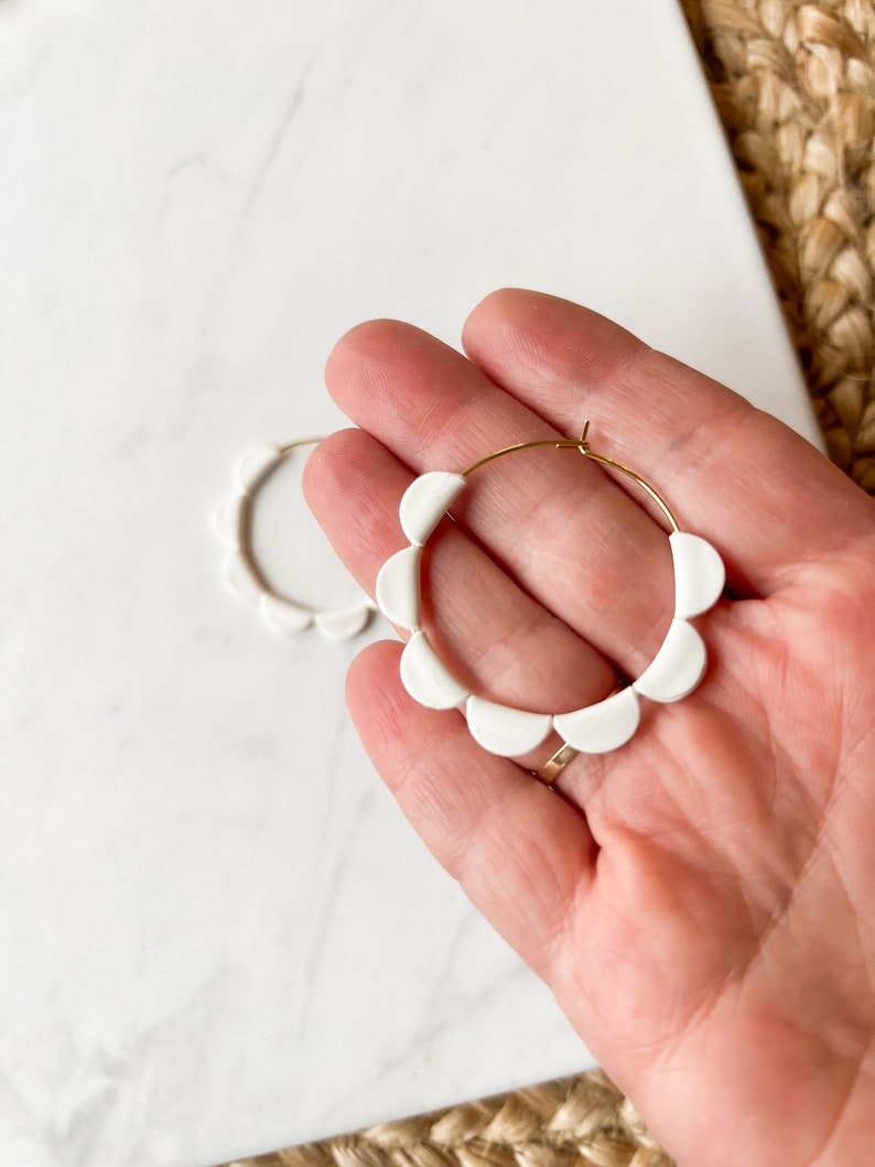 Neutral colored scalloped gold hoop earrings, polymer clay hoops, nickel free stainless steel, black, white, brown, gray image 7