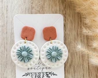 blue floral statement earrings, polymer clay earrings, nickel free earrings