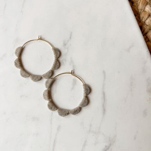 Neutral colored scalloped gold hoop earrings, polymer clay hoops, nickel free stainless steel, black, white, brown, gray image 4