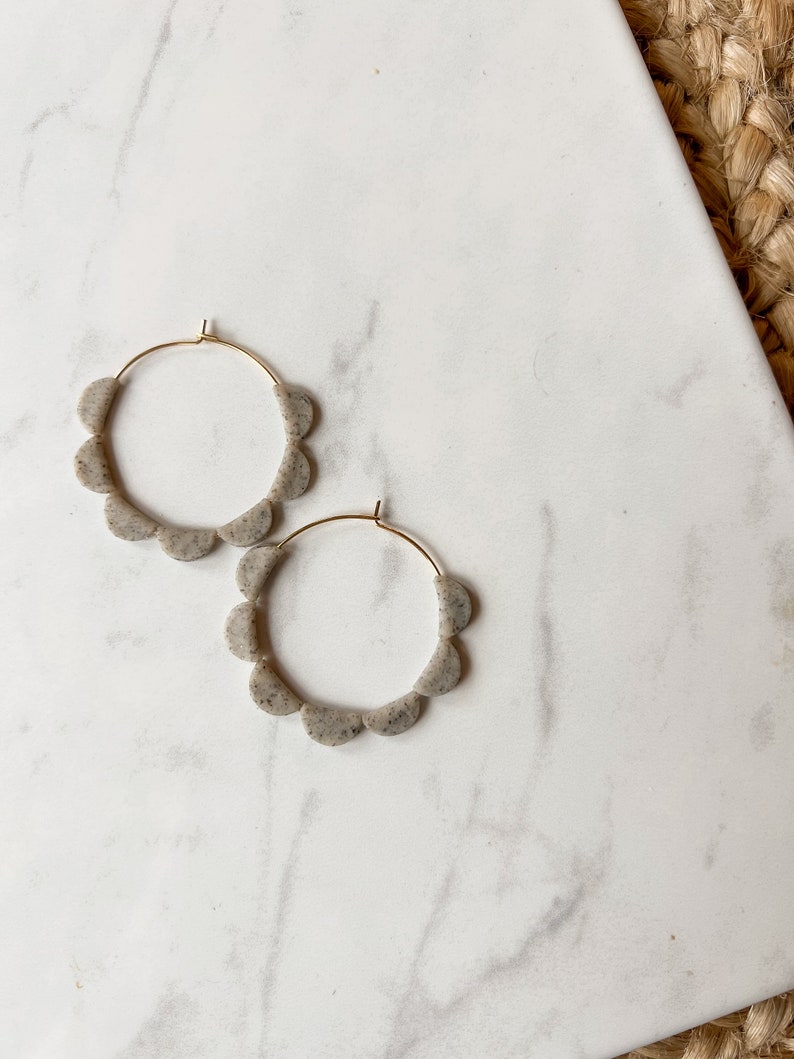 Neutral colored scalloped gold hoop earrings, polymer clay hoops, nickel free stainless steel, black, white, brown, gray image 4