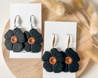 Black Floral Polymer Clay Earrings – Lightweight Boho Dangles with Gold or Silver Hooks