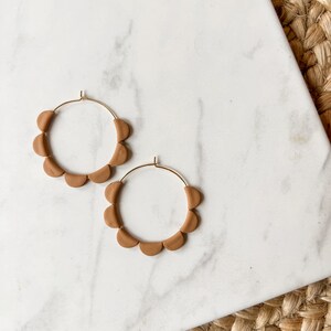 Neutral colored scalloped gold hoop earrings, polymer clay hoops, nickel free stainless steel, black, white, brown, gray image 8