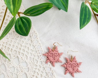 terracotta sun earrings, polymer clay dangle earrings, sun with face earrings, nickel free