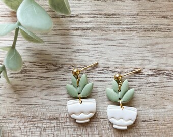 Small succulent dangle earrings, polymer clay earrings, plant earrings, nickel free ball post, gold tone