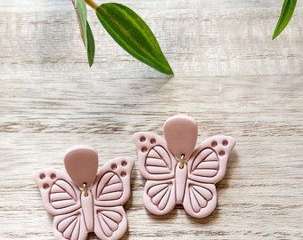 blush pink butterfly clay earrings, lightweight earrings, nickel free, handmade polymer clay earrings