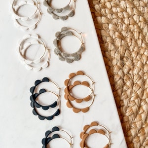 Neutral colored scalloped gold or silver hoop earrings, polymer clay hoops, stainless steel, black, white, brown, gray