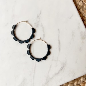 Neutral colored scalloped gold hoop earrings, polymer clay hoops, nickel free stainless steel, black, white, brown, gray image 2