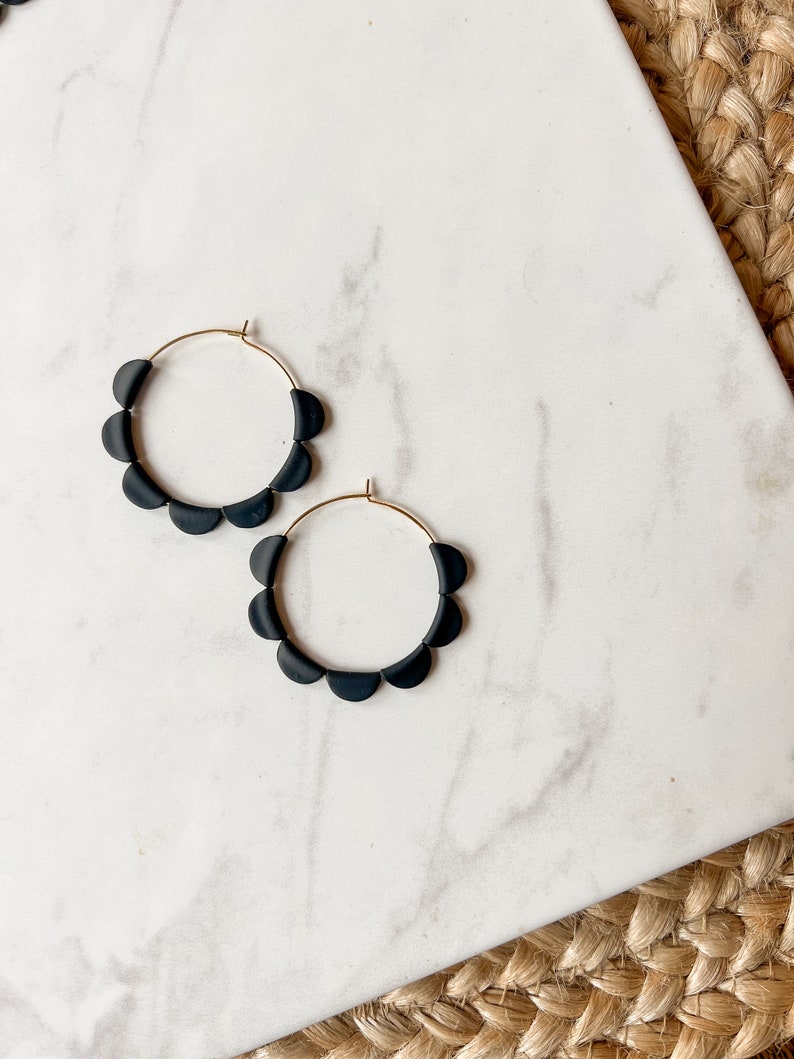 Neutral colored scalloped gold hoop earrings, polymer clay hoops, nickel free stainless steel, black, white, brown, gray image 2