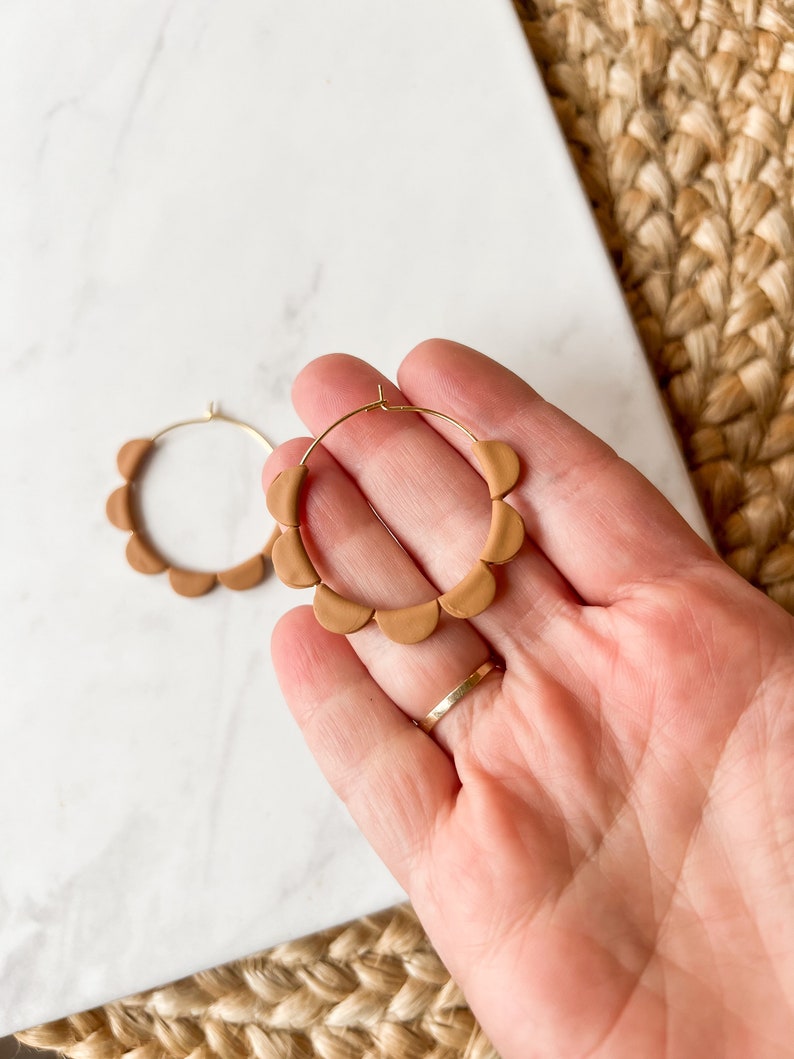 Neutral colored scalloped gold hoop earrings, polymer clay hoops, nickel free stainless steel, black, white, brown, gray image 9