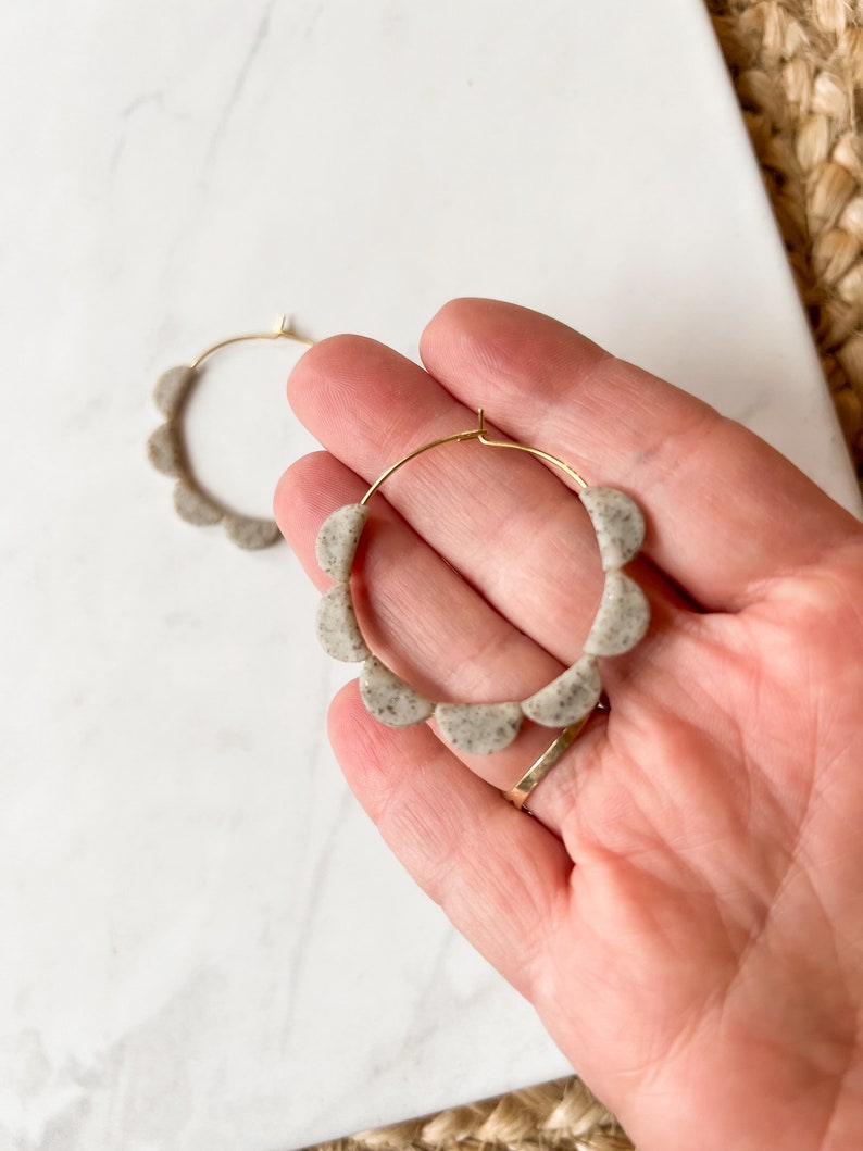 Neutral colored scalloped gold hoop earrings, polymer clay hoops, nickel free stainless steel, black, white, brown, gray image 5