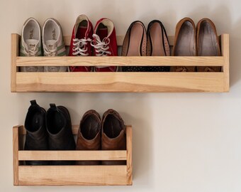 Wooden shoe rack for small hallways, Wall mounted shoe storage, Shoe rack in English ash, Made in England