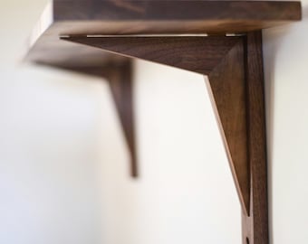 Mid century modern shelves in walnut, Shelf with angled brackets, Made in England
