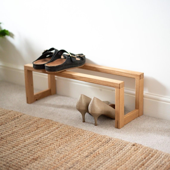 Minimalist shoe rack in oak, Space saving shoe storage for small hallway, Compact shoe rack for boots and heels, Made in England
