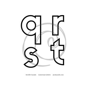 Puede incluir: Ilustración en blanco y negro de las letras minúsculas q, r, s y t en una fuente en negrita sin serif.