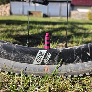 Puede incluir: Primer plano de una rueda de bicicleta con un neumático negro y un tapón de válvula en forma de faro rosa y negro. La rueda tiene la marca "ROSE" y "THIRTY LIGHT" impresas. La imagen está tomada al aire libre sobre hierba.