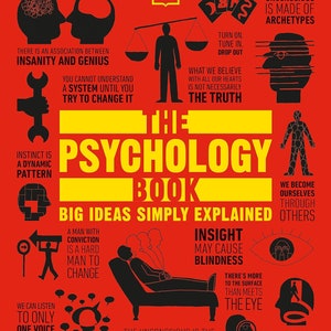 May include: A red and yellow illustration of the psychology book with the title "The Psychology Book" and the subtitle "Big Ideas Simply Explained". The illustration features various psychological concepts and ideas, including the collective unconscious, the truth, instinct, insight, and the unconscious.