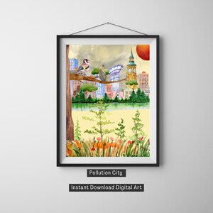 Watercolor Pollution City Printable Digital Wall Art, Digital Art, Printable Digital Wall Art, Art