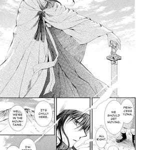 May include: Black and white manga panel featuring a character in a hooded cloak holding a sword. Text bubbles include phrases like "It's chilly here" and "Princess Yona." The scene appears to be set in a mountainous region.