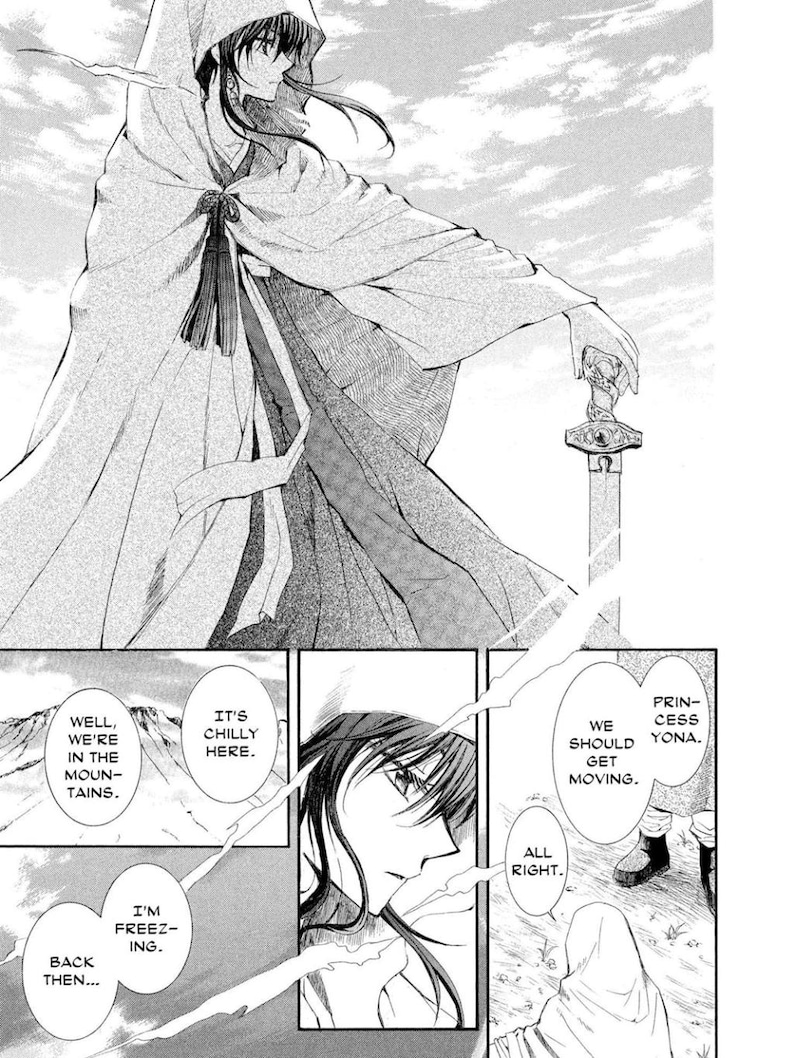 May include: Black and white manga panel featuring a character in a hooded cloak holding a sword. Text bubbles include phrases like "It's chilly here" and "Princess Yona." The scene appears to be set in a mountainous region.