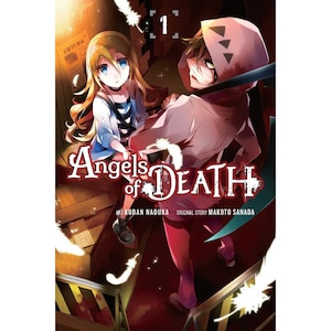 May include: A manga book cover featuring two characters, a girl with blonde hair and a boy with a bandage over his eye. The title of the book is "Angels of Death" with the number "1" in a square in the upper right corner. The book cover is red, black, and white.