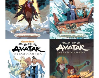 Op de afbeelding: Vier strips van Avatar: The Last Airbender. De levendige illustraties tonen personages in actie, met titels als "Azula in de Geestentempel" en "Katara en het Piratensilber". Het Nickelodeon-logo is zichtbaar.