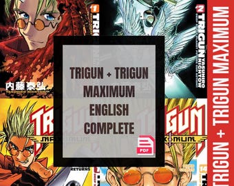 Op de afbeelding: Een verzameling manga-volumes met de titels "Trigun" en "Trigun Maximum". De covers tonen levendige illustraties van personages met oranje en gele accenten, en de tekst "Trigun + Trigun Maximum English Complete" is zichtbaar.