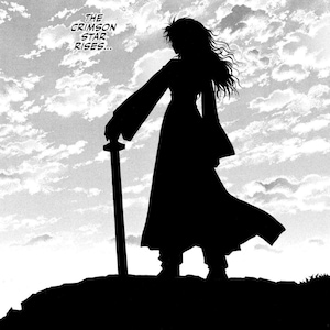 May include: Silhouette of a figure holding a sword, standing atop a hill against a cloudy sky. The image is in black and white, with the text "THE CRIMSON STAR RISES..." in the upper left corner. The figure is wearing a long robe.