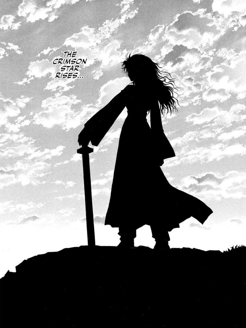 May include: Silhouette of a figure holding a sword, standing atop a hill against a cloudy sky. The image is in black and white, with the text "THE CRIMSON STAR RISES..." in the upper left corner. The figure is wearing a long robe.