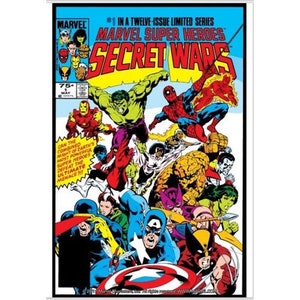 Pode incluir: Uma capa de banda desenhada com um grupo de super-heróis, incluindo o Homem-Aranha, Hulk, Capitão América e Wolverine. A capa é intitulada "Marvel Super Heroes Secret Wars" e é o número 1 de uma série limitada de 12 números.