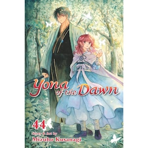 May include: A manga cover for "Yona of the Dawn" volume 44. The artwork features two characters in traditional attire, set against a forest backdrop. The title is prominently displayed, along with the author's name.