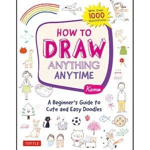 May include: A purple and pink book cover with the title "How to Draw Anything Anytime" by Kamo. The book cover features illustrations of a rainbow, a plane, a cat, a giraffe, a girl, a sloth, a tree, a kangaroo, a cat, a drum, a football, a strawberry, a fish, a pizza, a boy, a cat, a bunny, a witch, and a bat.