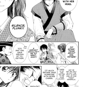 May include: Black and white manga panel featuring multiple characters. Text bubbles contain phrases like "Silence, Flunky" and "There's something wrong with her head." The art style is detailed with expressive faces.