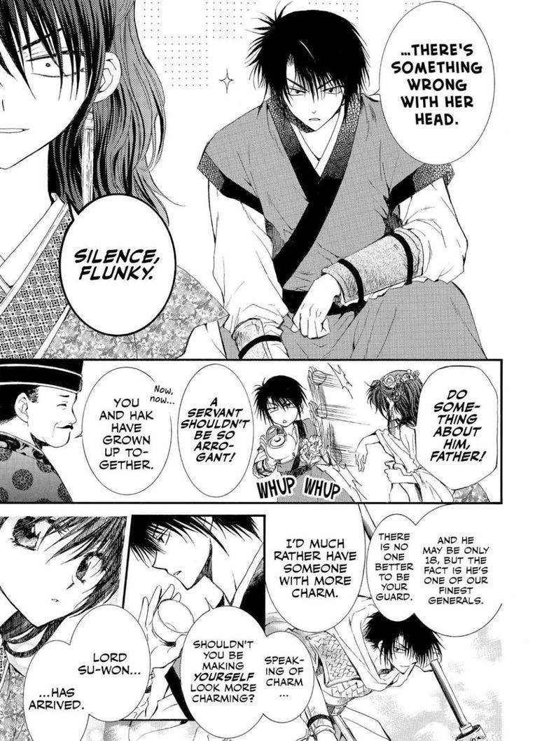 May include: Black and white manga panel featuring multiple characters. Text bubbles contain phrases like "Silence, Flunky" and "There's something wrong with her head." The art style is detailed with expressive faces.