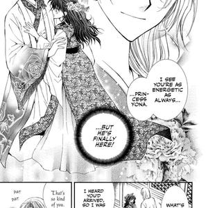 May include: Black and white manga panel featuring two characters in traditional attire. One character is speaking, with text bubbles containing dialogue. The scene includes floral patterns and the text "...BUT HE'S FINALLY HERE!"