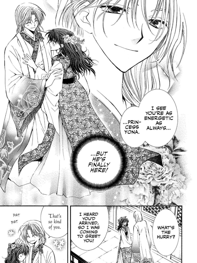 May include: Black and white manga panel featuring two characters in traditional attire. One character is speaking, with text bubbles containing dialogue. The scene includes floral patterns and the text "...BUT HE'S FINALLY HERE!"
