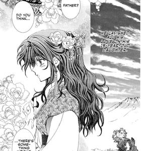 May include: Black and white manga panel featuring a young woman with long, wavy hair adorned with flowers. Text bubbles include "Do you think...", "Father?", and "...There's something wrong with my hair?". The text "He lavished all his love on his 15-year-old daughter" is also present.