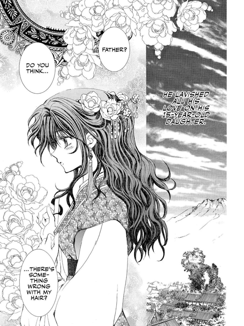 May include: Black and white manga panel featuring a young woman with long, wavy hair adorned with flowers. Text bubbles include "Do you think...", "Father?", and "...There's something wrong with my hair?". The text "He lavished all his love on his 15-year-old daughter" is also present.