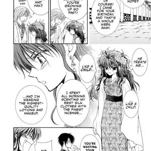 May include: A manga panel featuring several characters in traditional East Asian attire. Speech bubbles contain dialogue. The central figure is a young woman in a floral patterned dress. The scene conveys a sense of conversation and interaction.
