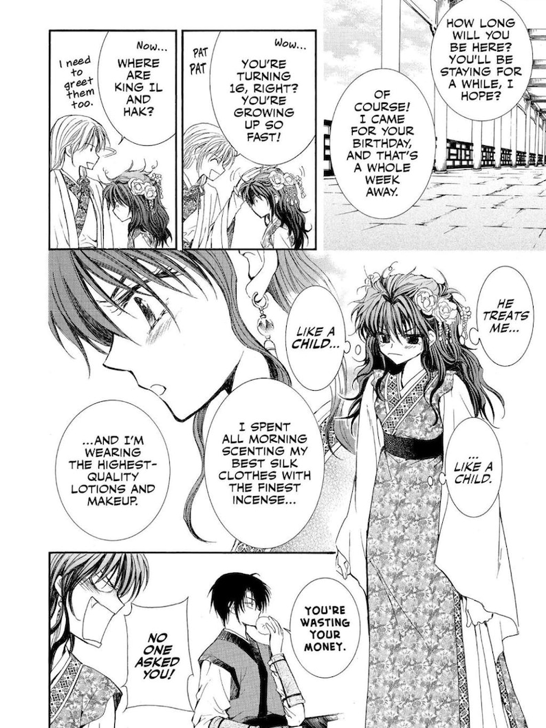May include: A manga panel featuring several characters in traditional East Asian attire. Speech bubbles contain dialogue. The central figure is a young woman in a floral patterned dress. The scene conveys a sense of conversation and interaction.