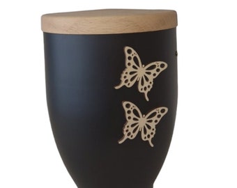 Human ashes urn in combination of metal with wooden cap - MC-ME (butterfly)