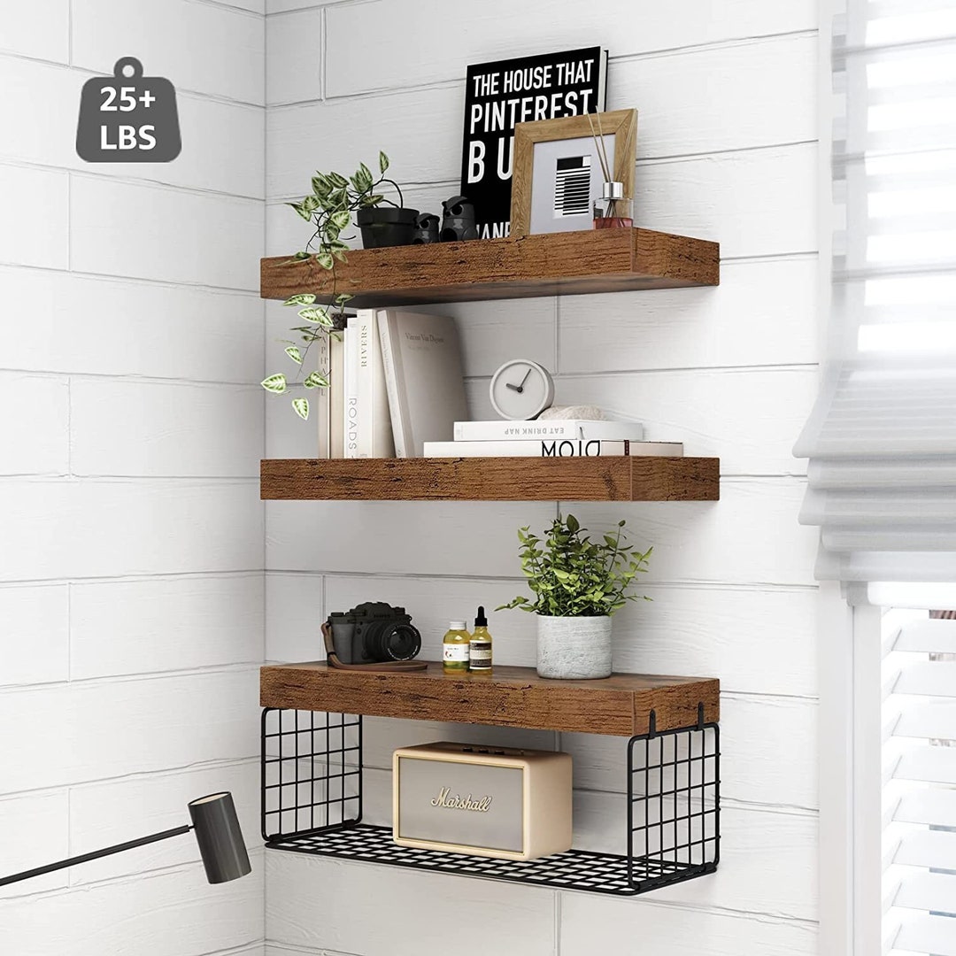 Rustic Wood Bathroom Shelves With Tissue Basket Kitchen Etsy