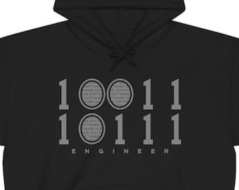 May include: Black hoodie with a gray graphic design featuring the numbers 10011101111 and the word "ENGINEER".