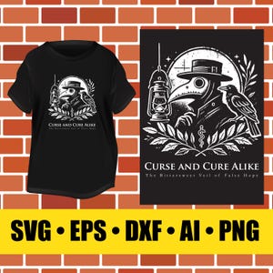 Könnte beinhalten: Schwarzweißes Grafikdesign mit einem Pestarzt, der eine Maske trägt und eine Laterne hält. Das Design enthält einen Raben und einen belaubten Zweig. Der Text "Curse and Cure Alike" und "The Bittersweet Veil of False Hope" ist im Design enthalten.