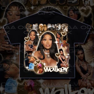 Peut inclure: T-shirt noir avec un collage d'images de Summer Walker et le texte "Summer Walker" en or et blanc. Le design comprend des cœurs et une esthétique vintage.
