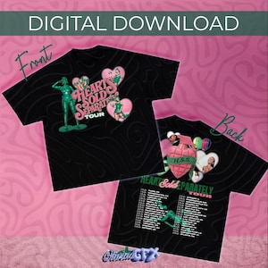 May include: Black t-shirts with the text "HEARTS SOLD SEPARATELY TOUR" and graphics. The front of the shirt features a green toy soldier and pink heart designs. The back of the shirt displays a tour date list and a pink grenade design.
