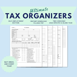May include: A black and white printable tax organizer for self-employed individuals. The document includes sections for personal information, dependents, income, and expenses. It also includes a section for deductions and credits. The document is available in two versions: a 2024 specific version and a blank year version. The document is an instant download and is fillable.