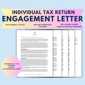 May include: A printable engagement letter for individual tax returns. The document is available for instant download in PDF and Word formats. It includes both basic and detailed versions. The document is reviewed by a tax attorney and an E&O insurance agent.