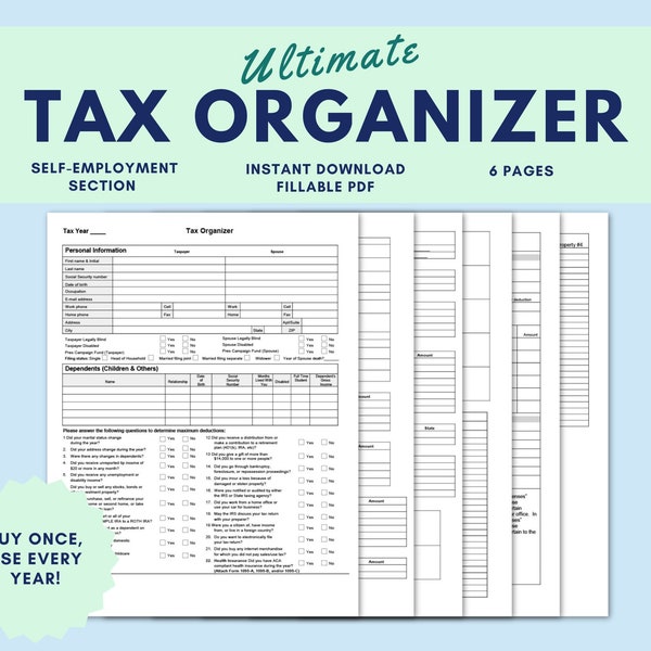 Income Tax Organizer - Includes Self-Employment and Rental Info Section