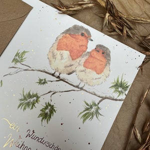 Karte Rotkehlchen Weihnachten Weihnachtskarte Schnee gold Singvögel